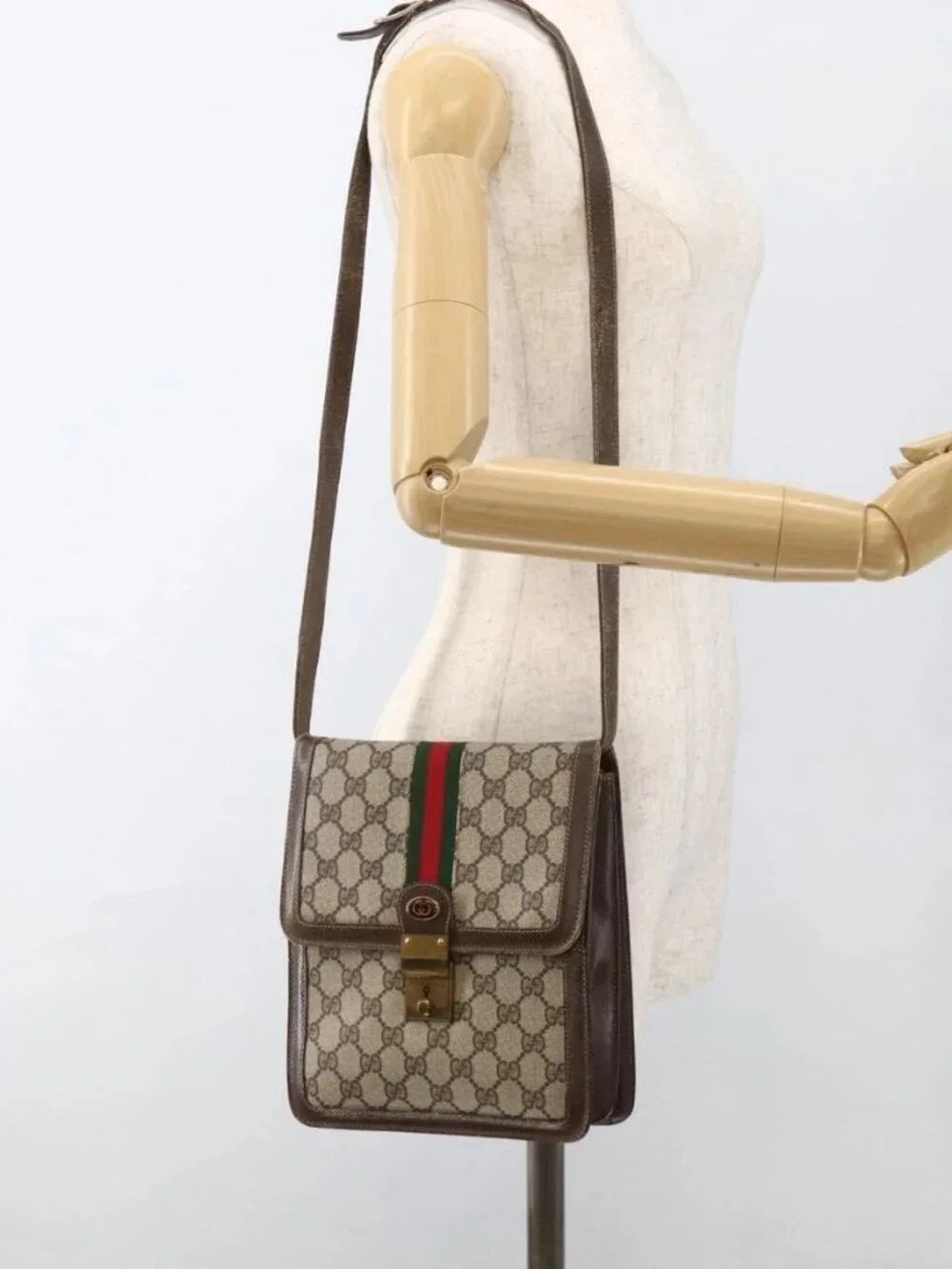GUCCI GG Supreme Web Sherry Line Shoulder Bag PVC Beige Gold 145857 Auth BA11894